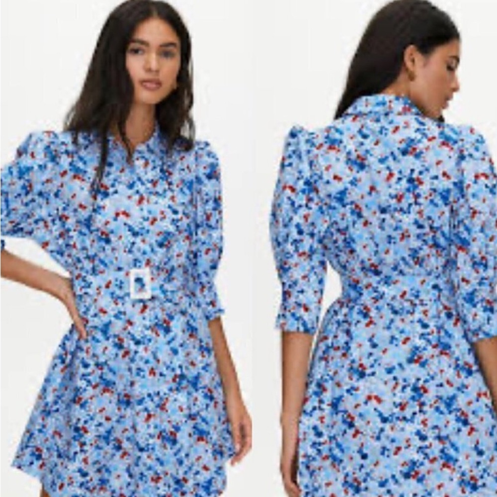 Aritzia Little Moon Sweetie Dress Oak/Porcelaine Blue A-line Puff Slv Mini  Sz 4